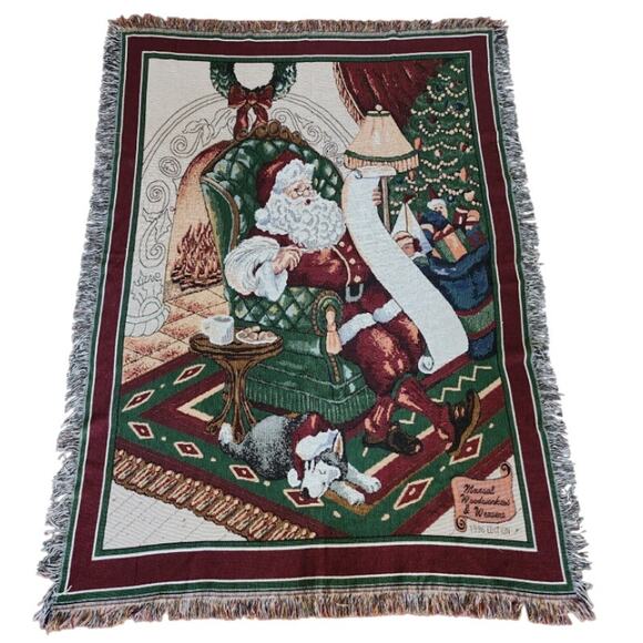 Manual Woodworkers Weavers Tapestry Woven Christmas Santa 70x55 Throw Blanket - Picture 1 of 5